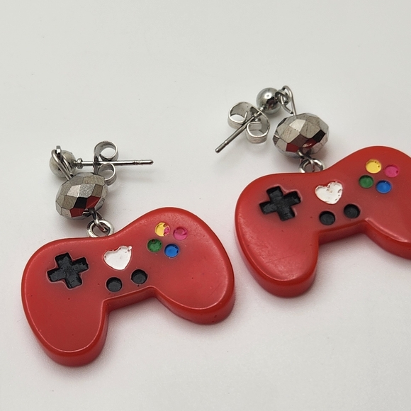 Red and Silver Gamer Earrings - Picture 2 of 4